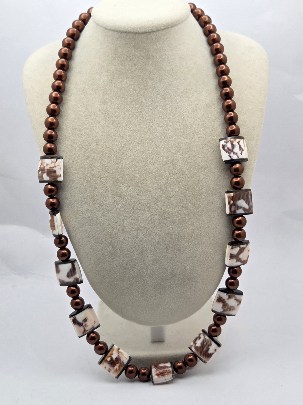 Boho Cone Shell & Metallic Brown Glass Bead Necklace Magnetic Clasp
